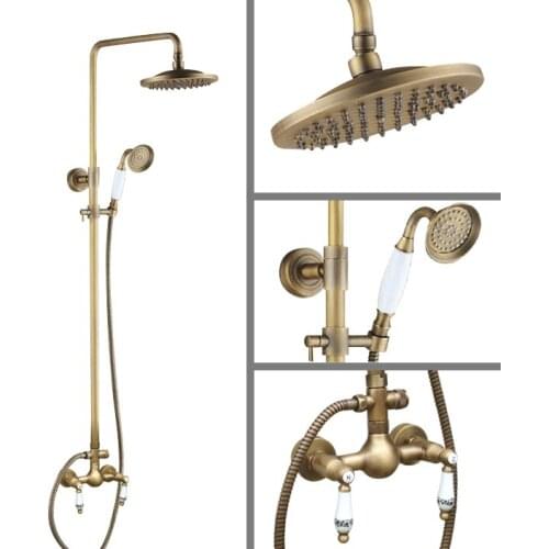 Wall Mounted 8" inch Round Bathroom Antique Brass Rain Shower Handshower Faucet Set Dual Ceramics Handles Mixer Tap aan108
