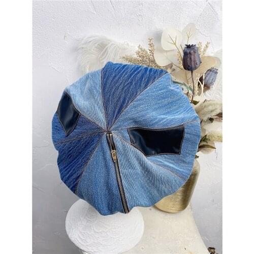 202102-XX NEW spring Denim Splicing Pu zipper Big clouds fashion lady beret hat women Leisure painter hat