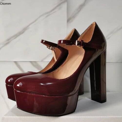 Olomm Handmade Women Shiny Pumps Square High Heels Pumps Round Toe Gorgeous Wine Red Black Party Shoes Women Plus US Size 5-15