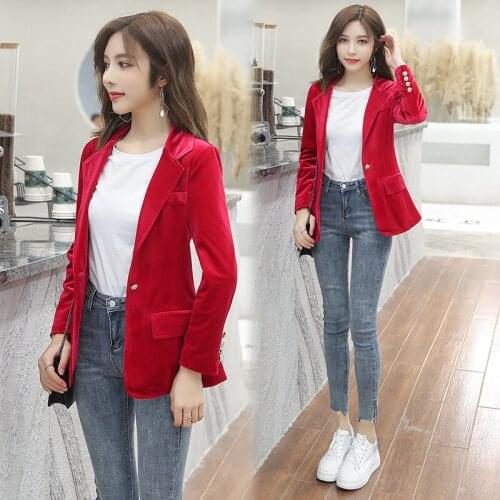 Autumn Velvet Suit coat OL Formal Work Small Suit jacket Women Slim Long Sleeve ladies feminino Women Gold Button