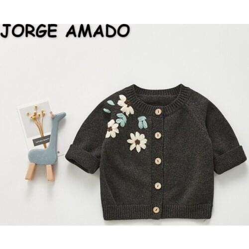 2021 New Autumn Girls Sweater Long Sleeves Round Collar Embroidery Flower Open Stitch Knitting Single Breasted Wool Coat E315