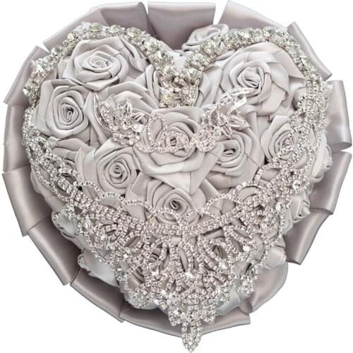 Luxury Rhinestones Bride Bridesmaid Bouquet Silver Satin Rose Bouquet Pearl Rhinestone Handmade Wedding Supplies YS014