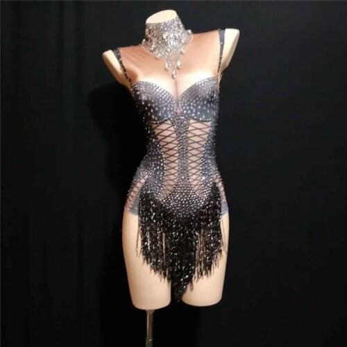 X70 Singer stage costumes dj tassel bodysuit black printed jumpsuit bar perform outfits female diamonds dress rhinestone clothes