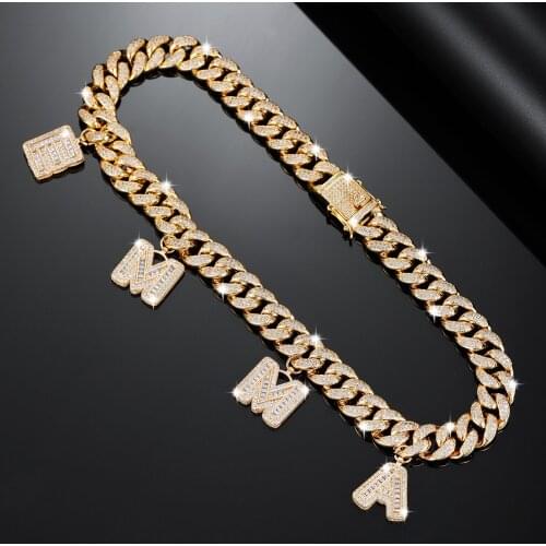 Custom Miami Cuban Link With Letters Necklace Rhinestone Pendant Full Iced Out Prong Gold Bling Zirconia Necklaces For Women Men