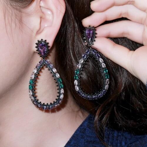 ThreeGraces Exquisite Black Gold Purple CZ Topaz 925 Pin Long Big Waterdrop Dangle Drop Earring for Women Fashion Jewelry ER580