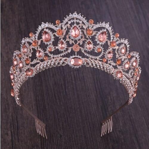 Champagne Baroque Queen King Crown Vintage Rose Gold Hair Jewelry Crystal Tiaras Crowns Comb Headbands Bridal Rhinestone Diadem