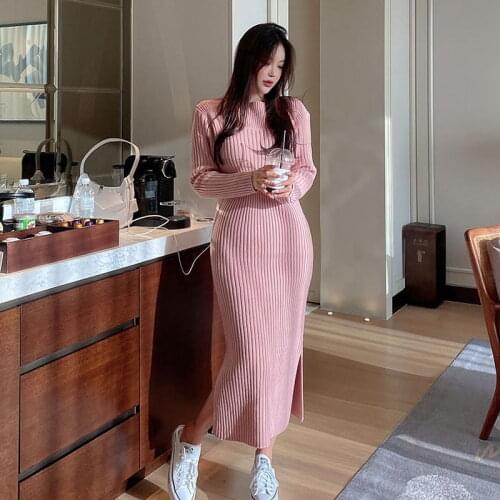 All-match Autumn Slim Stretch Knitting Dresses Women Office Bodycon Sexy Slit Pencil Dress Elegant Pink Bottoming Dresses Female