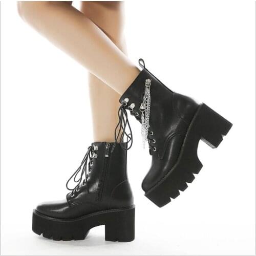 Womens Shoes Black Boot Women Leather Sexy Chunky Winter Shoes Platform Ankle Boots Metal chain chunky heel platform ankle boot