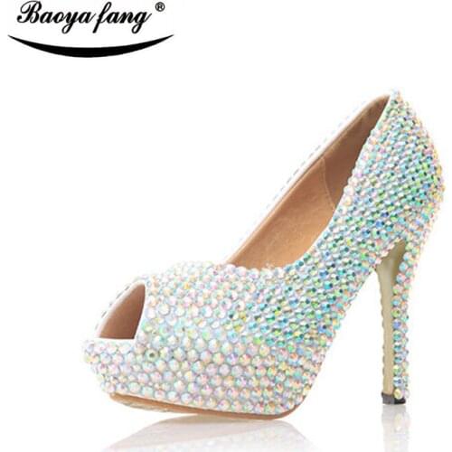 New AB crystal Bridal Wedding shoes Women Peep Toe fashion High heels Pumps woman real leather Platform shoes round toe shoes
