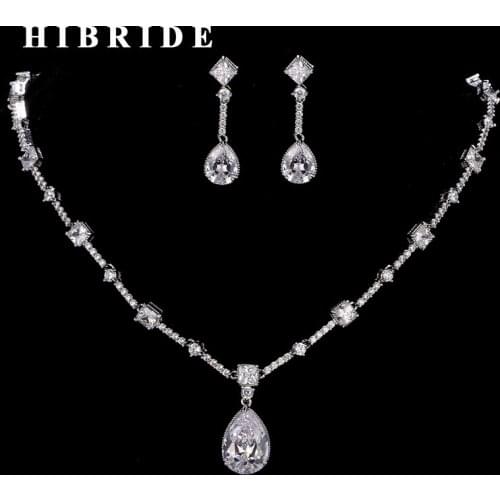 HIBRIDE High Quality Korean Style Women Bridal Jewelry Set AAA Cubic Zircon White Gold Color Necklace Earring Sets N-183