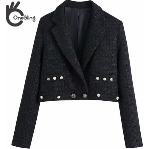 OneBling Za Woman 2021 Casual Traf Crop Tops Autumn Notched Collar Ornate Buttons Tweed Woolen Jackets Office Blazers Coats
