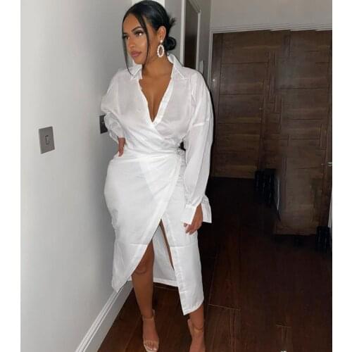 Sexy V Neck Long Sleeve Shirt Dresses Women Night Club Bandage Split Wrap Midi Dresses 2021 Autumn White Soft Casual Robe