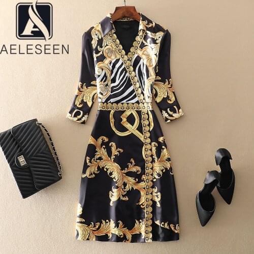AELESEEN Vintage Yellow Print Dress Women Designer Runway Fashion 3/4 Sleeve V-neck XXL Party Holiday Elegant Knee-Lenght Dress