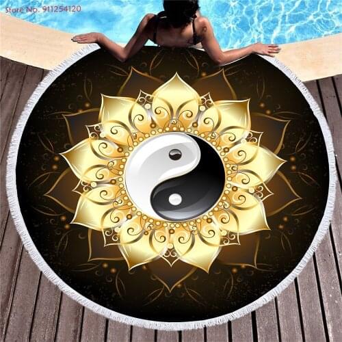 150cm Microfiber Towel Exotic Bohemian Mandala Beach Towel with Tassel 3D Lotus Print Golden Black Round Shower Towel Yoga Mats