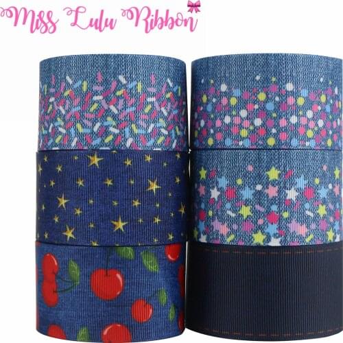 16mm-75mm Denim Jean Printed FOE Grosgrain Ribbon DIY Hair Bowknots 50yards/roll