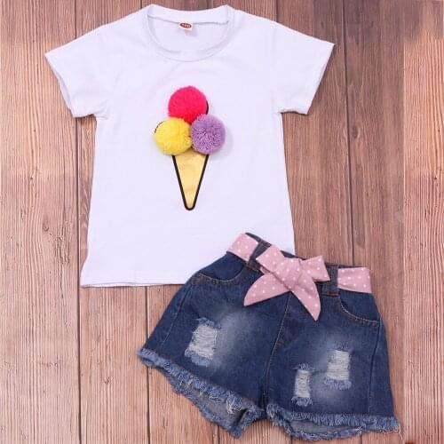 2021 Summer Girls Toddler Clothes Set Ice Cream Denim Outfits 2Pcs/Set Kids Fashion Tops + Ripped Jean Shorts Pants