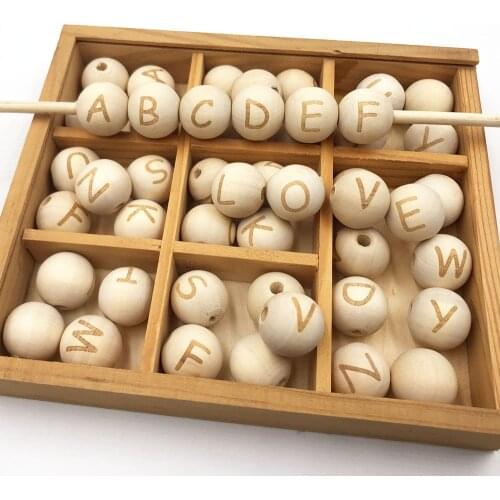 26pcs 18mm Natural wooden Round beads Alphabet A-Z Letters Wood Spacer Beads Baby Teether Pacifier Clip DIY For Jewelry Making