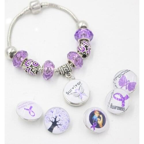 6PCS/LOT 36PCS of Buttons Pancreatic Cancer Awareness DIY European Style Purple Ribbon Bracelet for Cancer Awareness Jewelry