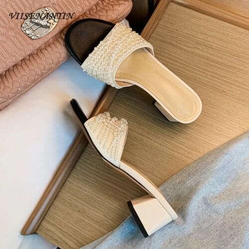 White pearl leather sweet and gentle thick heel slippers summer open-toed mid-heel sandals and slippers women