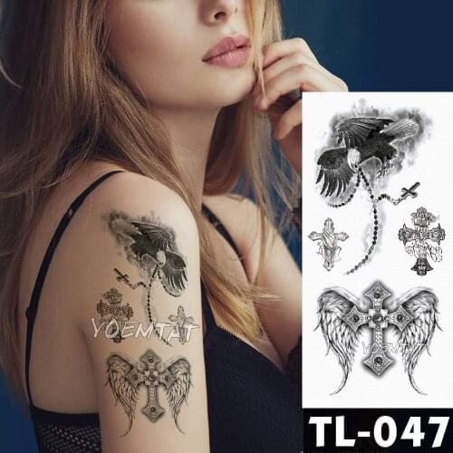 Sketch cross feather Flower Water Transfer Tattoo Stickers Women Henna eagle waterproof Temporary Tattoo Girls Body Hands Art