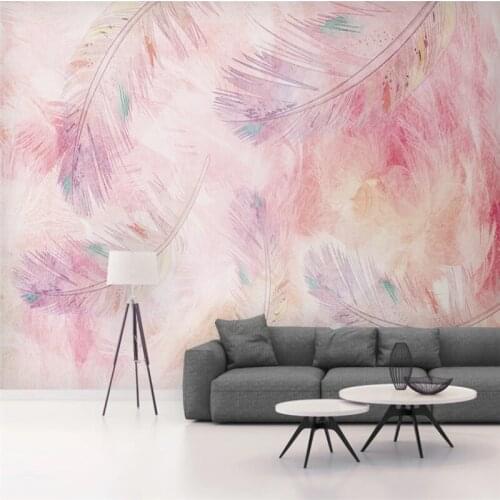Custom Mural Wallpaper Hand Painted Pink Feathers Background Wall Painting