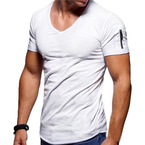2021 New Mens V-neck T-shirt Fitness Bodybuilding T-shirt High Street Summer Short-Sleeved Zipper Casual Top