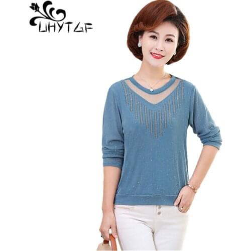 UHYTGF Long-Sleeved T-Shirts Womens Elegant Mother Spring Tops Casual Female Clothes Pullover Loose 5XL Plus Size T-Shirt 2048