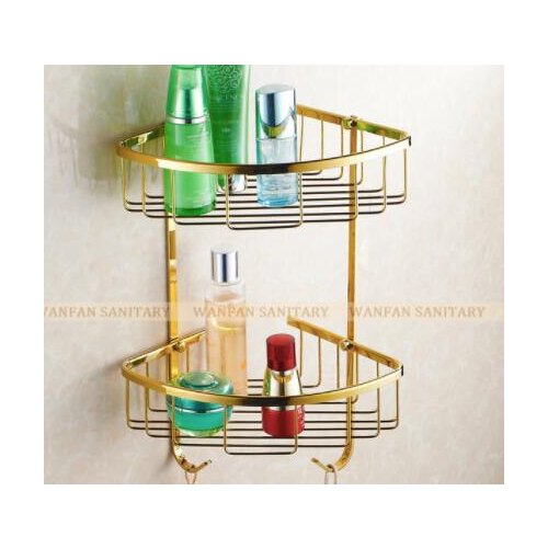 Brass Golden Shelves Wall Mounted Easy Installation Gold Brass Bathroom Shampoo Basket Bath Shower Gel Cleanser Basket Holder
