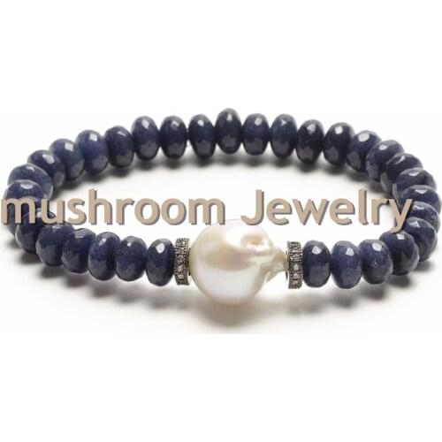 Pave Zircon Micro freshWater Baroque Pearl Bracelet Boho Blue Agates Stretch Bracelet