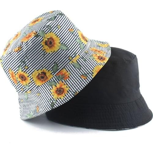 Summer Panama Bucket Hat Reversible Fishing Cap Sun Flower Print Womens Hats Bob chapeau Fisherman Hat