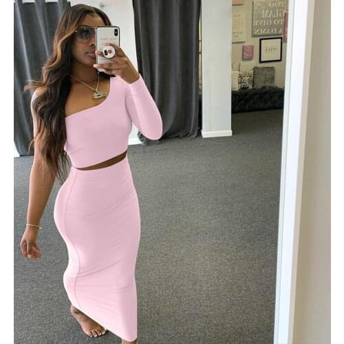 Solid Sexy One Shoulder Cropped Top+Long Skirt Two Piece Women Outfits Casual Street Party Clubwear Clothes Female Matching Suit