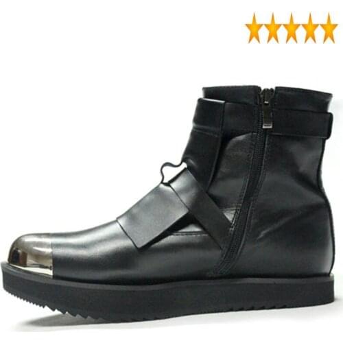 Steel Mens Winter Med Heels Toe Ankle Boots Motor Biker Straps Nature Leather Runway Male High Top Platform Shoes
