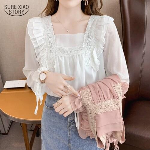 Loose Thin Women Blouse with Bow Tie Long-sleeved Solid Square Collar Women Shirt Autumn Splicing Ruffled Chiffon Blouse 16245
