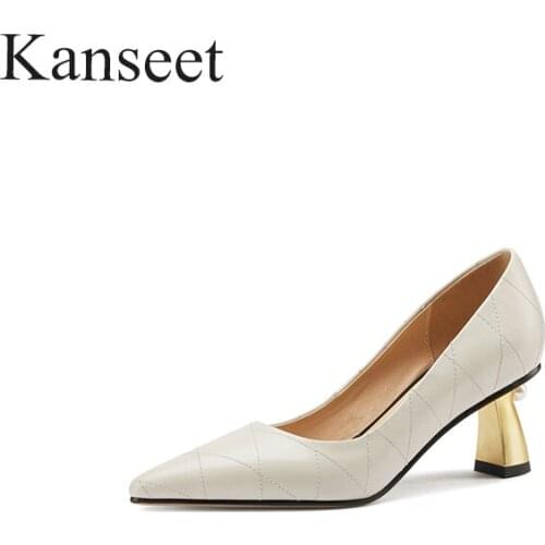 Kanseet Shallow Pointed Toe Elegant 2021 New Women Pumps Concise Design Genuine Leather Party Dress Single Shoes Plus Size 44