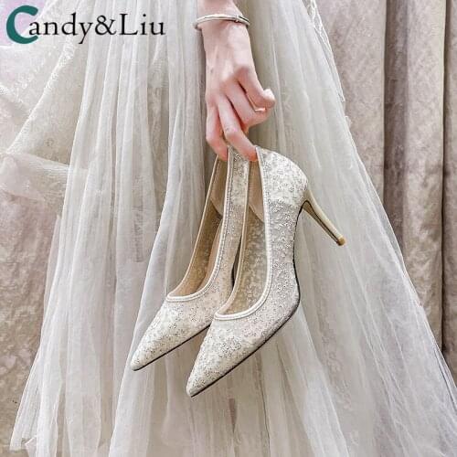 Crystal High-heeled Shoes Slim Sequins Sexy Mesh Bridal Shoes Bridesmaid Lace Wedding Shoes Banquet Dress Shoes