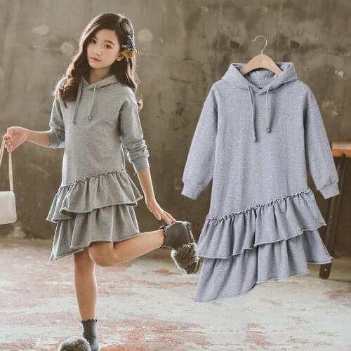 Autumn 2020 Gray Hooded Hoodies Dresses For Teenage Girls Asymmetrical Ruffles Toddler Dress Baby Kids Children Clothing 6 8 10Y