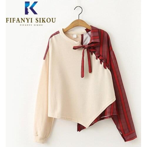 2020 Spring Women Patchwork Sweatshirt High quality Hoodies Fashion Lace up Long sleeve Pullover Female Asymmetry Splice Tops