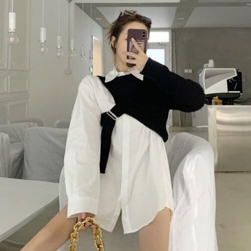 European Spring Autumn New Two-piece Set Temperament Long-sleeved Loose Shirt Scheming Irregular Lace Up Sweaters Women Fashion