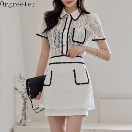 Sexy Perspective Lace Two piece Set Women Summer New Elegant OL Lapel Short sleeve Lace Shirt Blouse and Bodycon Skirt Suits