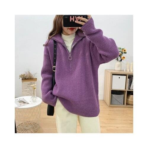 Autumn Winter Thickening Knitted Sweater Women Casual Zipper Polo Collar Loose Knitted Pullovers Female White Jumper 2021