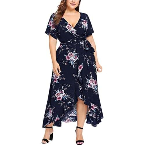 Floral Print Plus Size Dress V Neck Casual Fashion Short Sleeve Dresses 2021 Summer Beach Bodycon Belt Irregular Dress Women