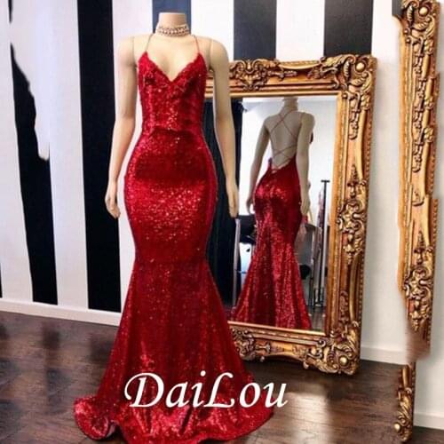 Trumpet/Mermaid Floor-Length Sleeveless V Neck Straps Mermaid Red Sequins Evening Dress 2021