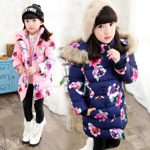 2019 Girls Winter Coat Children Clothing Baby Girl Clothes Floral Print Fur Collar Hooded Thick Warm Winter Jacket Kids Age3-15T