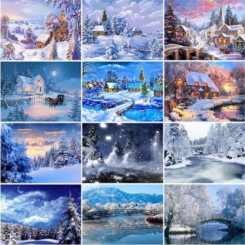 5D Diamond Painting Snow Scenery Cross Stitch DIY Mosaic Full Round Rhinestone Winter Landscape Embroidery Wall Art Christmas