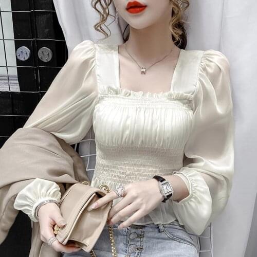 Blouse Women Autumn Puff Sleeve Chiffon White Shirt Womens Long Sleeve Square Collar Top Blusas Ropa De Mujer