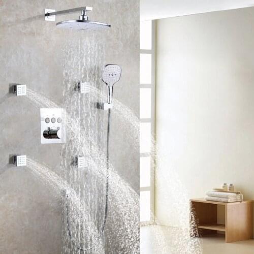 DULABRAHE Rainfall Shower Faucet System 10 Inch Rain Head Wall Mounted Conceal Thermostatic Mixer Chrome Set
