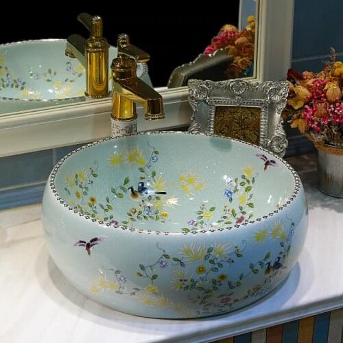 China Painting Flowers And Birds Ceramic Painting Art Lavabo Bathroom Vessel Sinks Round counter top patterned ceramic sink