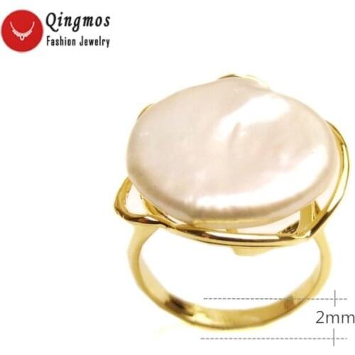 Qingmos Natural Pearl Rings for Women with 20mm White Coin Round Pearl & Gold-Color Metal Ring Jewelry Adjustable Ring #8-10 r47