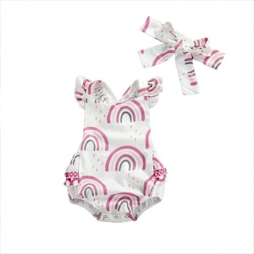 0-24m Newborn Infant Baby Girls Rainbow Printed Romper Fly Sleeve Jumpsuit Headband 2pcs Outfits Sunsuit Toddler Girl Clothing