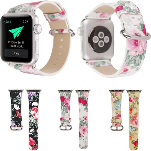 Flower Print Leather Wrist Strap for iWatch Apple Watch Band 42mm 38mm Series 3 2 1 Metal Buckle Bracelet with Adapters